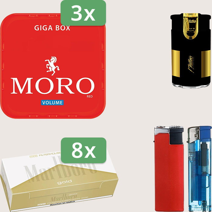 Moro Red 3 x 245 g Sparpaket mit 1.600 Marlboro Gold Hülsen und Feuerzeugset Moro Red 3 x 245 g Sparpaket mit 1.600 Marlboro Gold Hülsen und Feuerzeugset