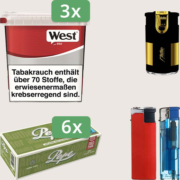 West Red 3 x 170 g Sparpaket mit 1.200 Pepe Hülsen und Feuerzeugset West Red 3 x 170 g Sparpaket mit 1.200 Pepe Hülsen und Feuerzeugset