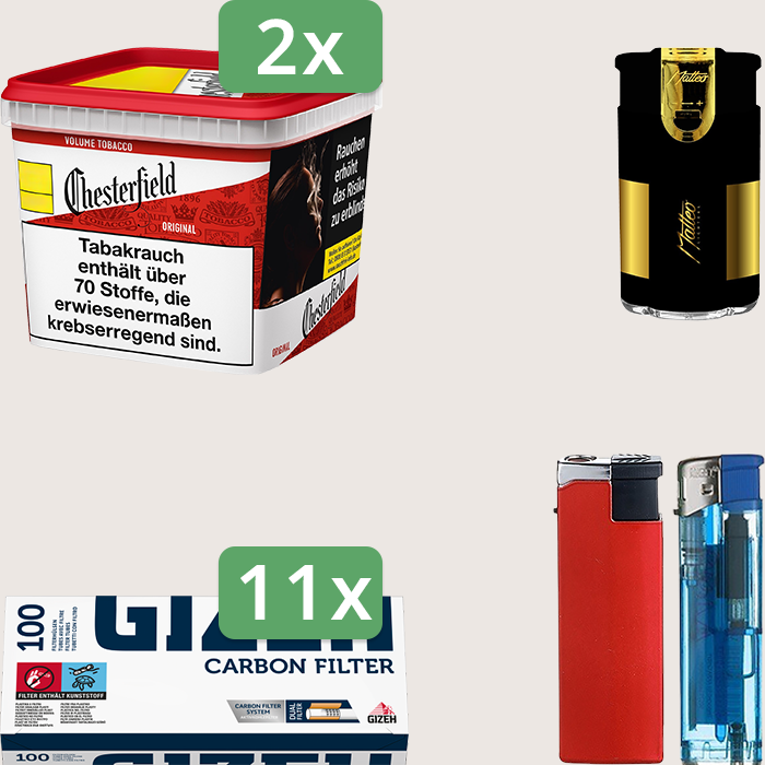 Chesterfield Original Red 2 x 245 g Sparpaket mit 1.100 Gizeh Carbon Hülsen und Feuerzeugset
