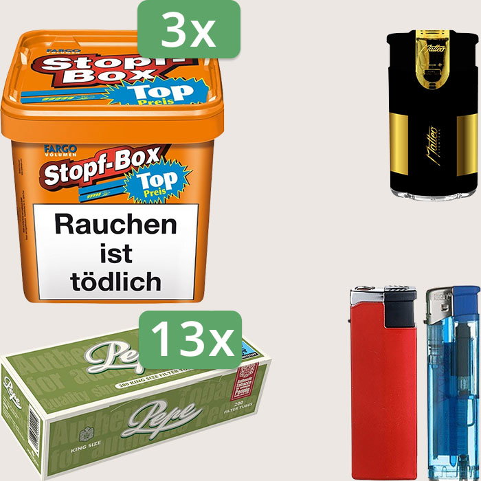 Fargo Stopfbox 3 x 400 g Sparpaket mit 2.600 Pepe Hülsen und Feuerzeugset Fargo Stopfbox 3 x 400 g Sparpaket mit 2.600 Pepe Hülsen und Feuerzeugset