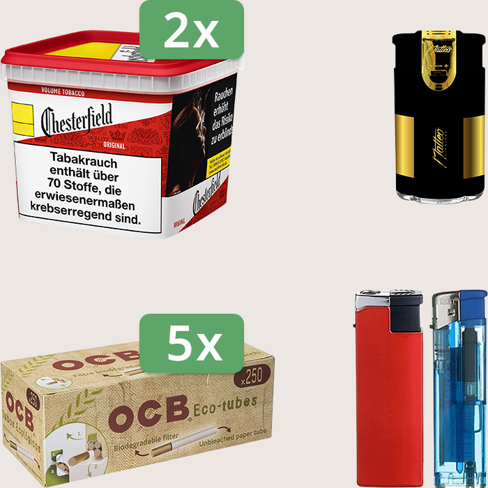 Chesterfield Original Red 2 x 245 g Sparpaket mit 1.250 OCB Organic Hülsen und Feuerzeugset