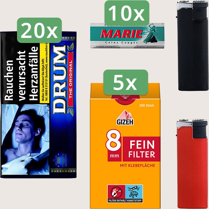 Drum Original 20 x 30 g Sparpaket mit 1.000 Marie Blättchen und 500 Gizeh Feinfilter 8 mm