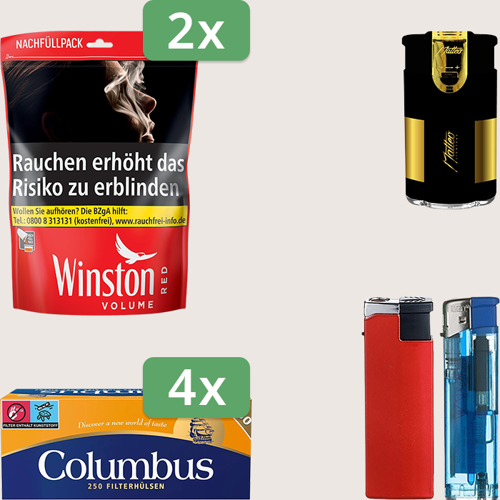 Winston Red 2 x 205 g Sparpaket mit 1.000 Columbus Hülsen und Feuerzeugset
