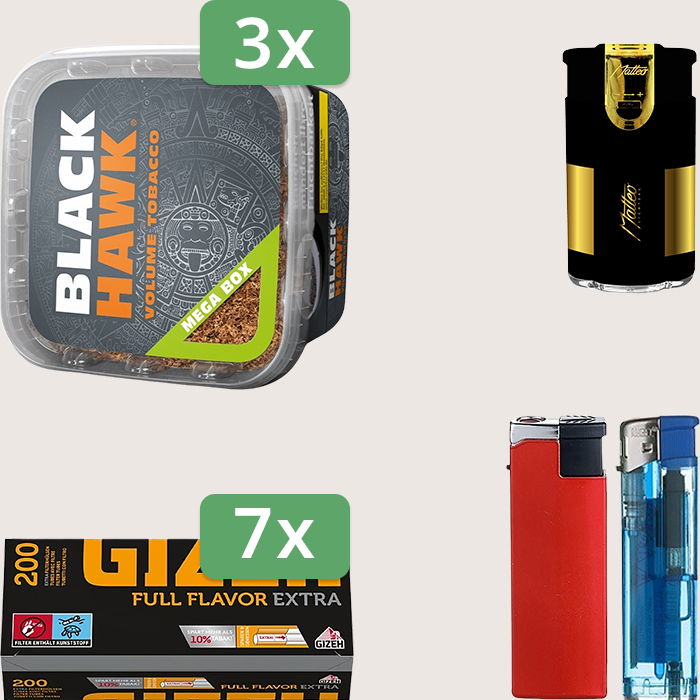 Black Hawk 3 x 230 g mit 1.400 Gizeh Full Flavor Extra Hülsen und Feuerzeugset