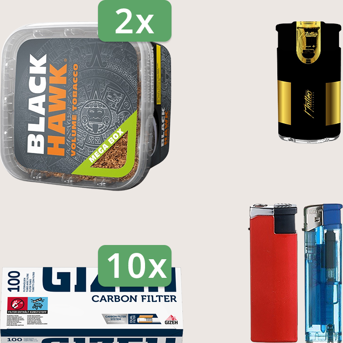 Black Hawk 2 x 230 g Sparpaket mit 1.000 Gizeh Carbon Hülsen und Feuerzeugset