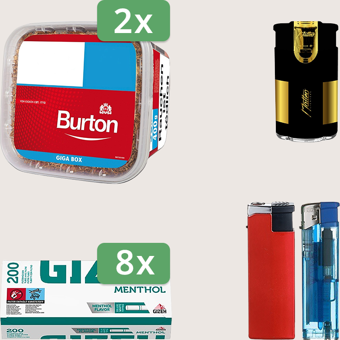 Burton Full Red 2 x 400 g Sparpaket mit 1.600 Gizeh Menthol Hülsen und Feuerzeugset