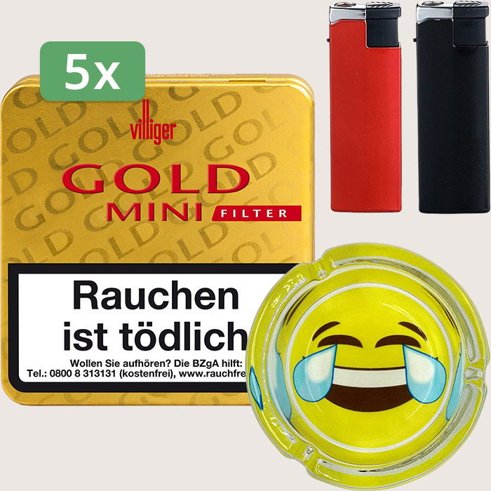 Villiger Gold Mini Filter 5 x 6,00 € Sparpaket mit 100 Zigarillos, Aschenbecher und Feuerzeugset