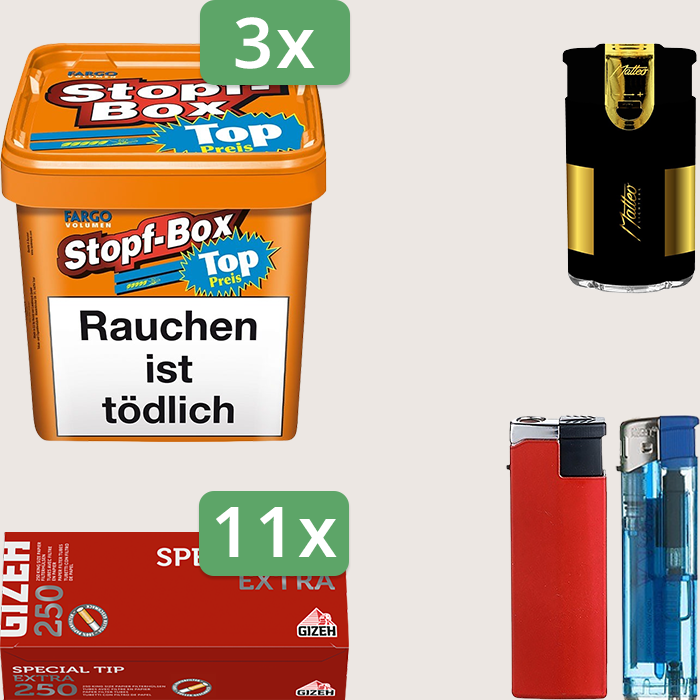 Fargo Stopfbox 3 x 400 g Sparpaket mit 2.750 Gizeh Special Tip Extra Hülsen und Feuerzeugset Fargo Stopfbox 3 x 400 g Sparpaket mit 2.750 Gizeh Special Tip Extra Hülsen und Feuerzeugset