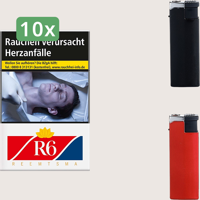 R6 - 10 x 9,30 € Sparpaket mit 200 Zigaretten und Feuerzeugset R6 - 10 x 9,30 € Sparpaket mit 200 Zigaretten und Feuerzeugset