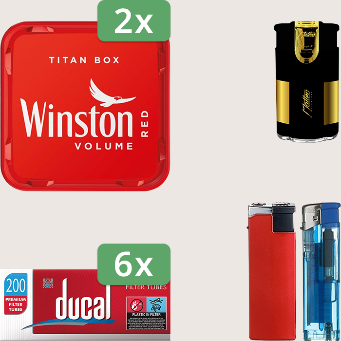 Winston Red 2 x 250 g Sparpaket mit 1.200 Ducal Hülsen und Feuerzeugset