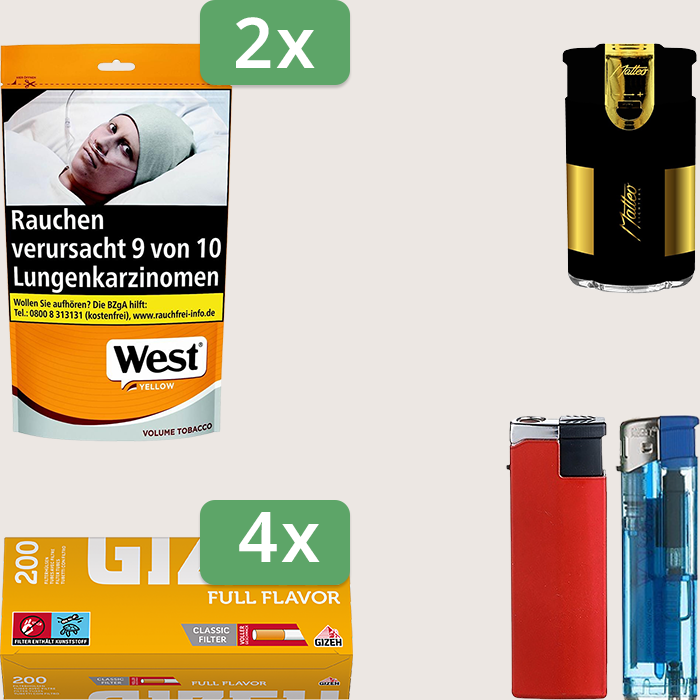 West Yellow 2 x 155 g Sparpaket mit 800 Gizeh Full Flavor Hülsen und Feuerzeugset