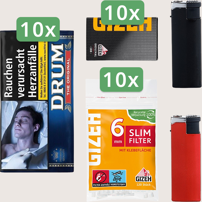 Drum Original 10 x 50 g Sparpaket mit 1.000 Gizeh Black Original Magnet Blättchen und 1.200 Gizeh Slim Filter 6 mm