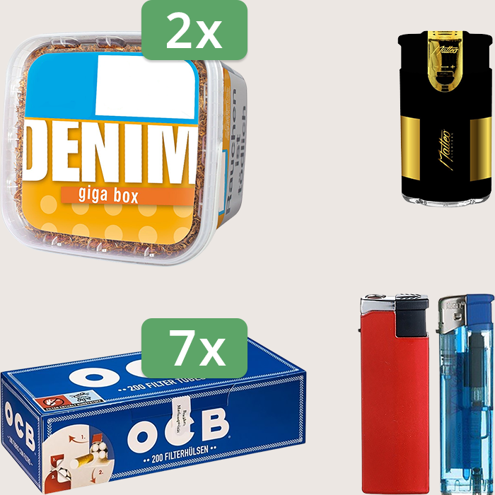 Denim Classic 2 x 330 g Sparpaket mit 1.400 OCB Hülsen und Feuerzeugset