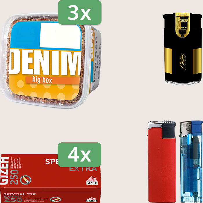Denim Classic 3 x 160 g mit 1.000 Gizeh Special Tip Extra Hülsen und Elektrofeuerzeug