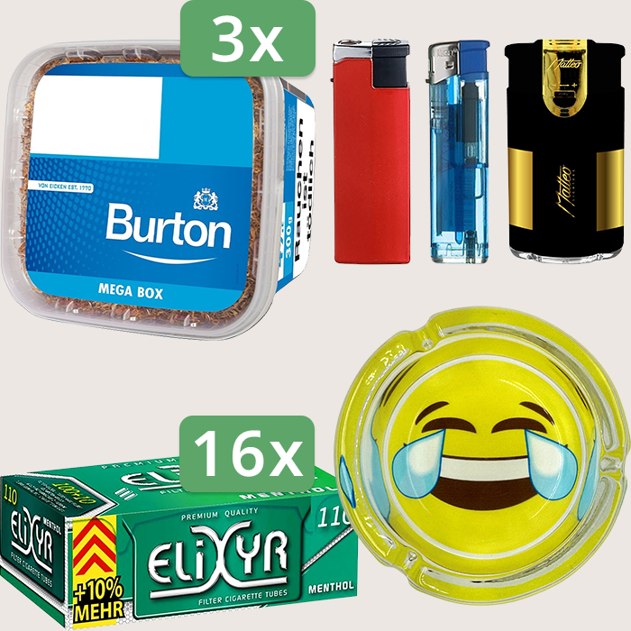 Burton Blue 3 x 250 g Sparpaket mit 1.760 Elixyr Energy+ Menthol Hülsen, Aschenbecher und Feuerzeugset Burton Blue 3 x 250 g Sparpaket mit 1.760 Elixyr Energy+ Menthol Hülsen, Aschenbecher und Feuerzeugset