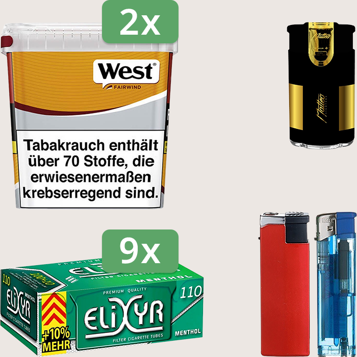 West Yellow 2 x 235 g Sparpaket mit 990 Elixyr Energy+ Menthol Hülsen und Feuerzeugset