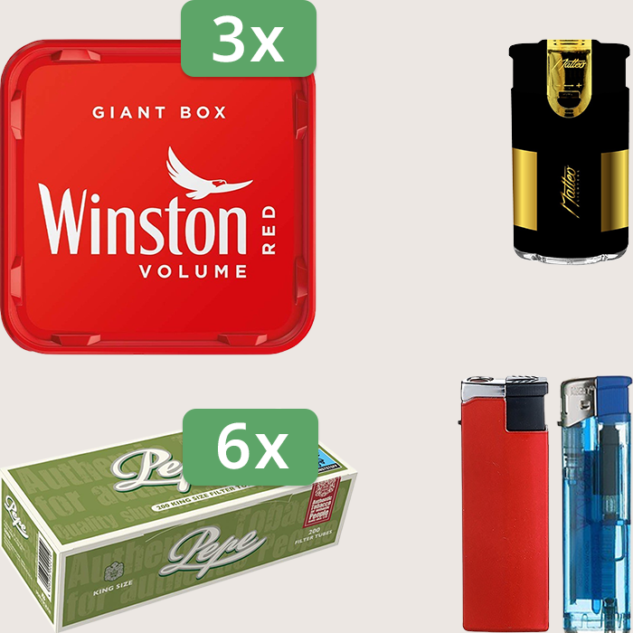 Winston Red 3 x 195 g Sparpaket mit 1.200 Pepe Hülsen und Feuerzeugset