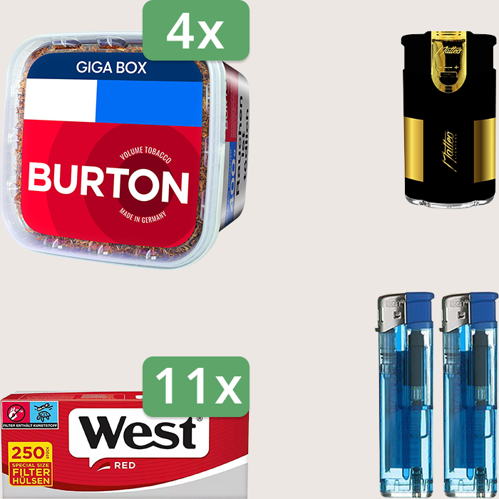 Burton Full Red 4 x 400 g Sparpaket mit 2.750 West Red Special Hülsen und Feuerzeugset