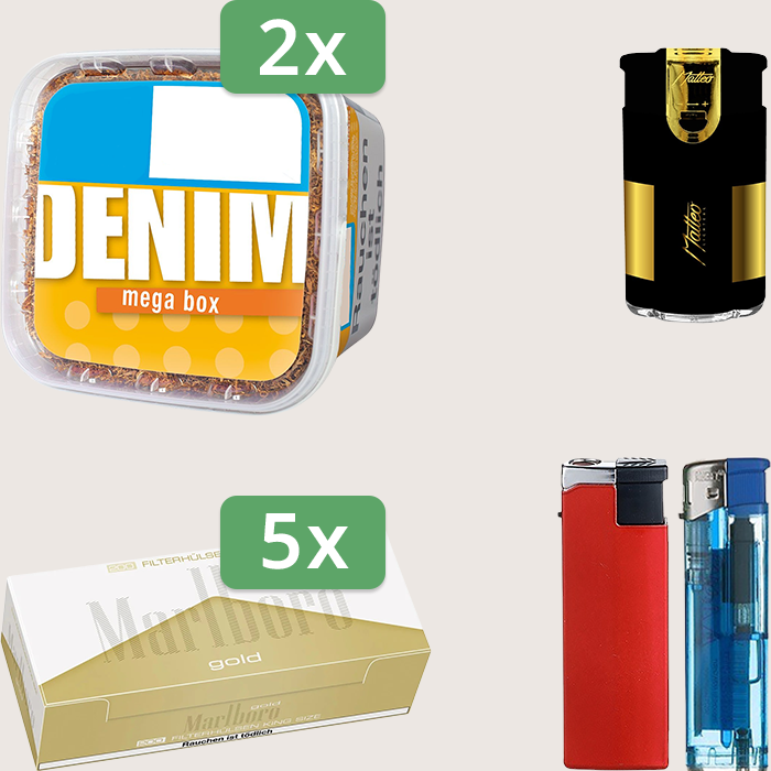 Denim Classic 2 x 220 g Sparpaket mit 1.000 Marlboro Gold Hülsen und Feuerzeugset