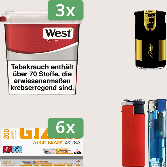 West Red 3 x 170 g Sparpaket mit 1.200 Gizeh Airstream Extra Hülsen und Feuerzeugset