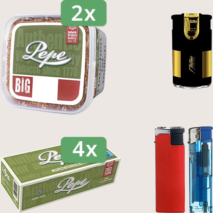 Pepe Rich Green 2 x 170 g Sparpaket mit 800 Pepe Hülsen und Feuerzeugset