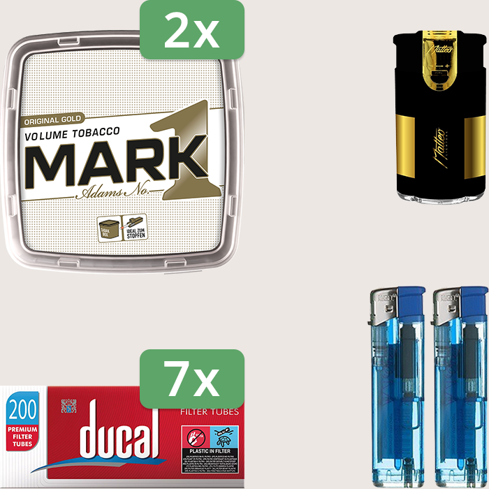 Mark 1 Gold 2 x 400 g Sparpaket mit 1.400 Ducal Hülsen und Feuerzeugset Mark 1 Gold 2 x 400 g Sparpaket mit 1.400 Ducal Hülsen und Feuerzeugset