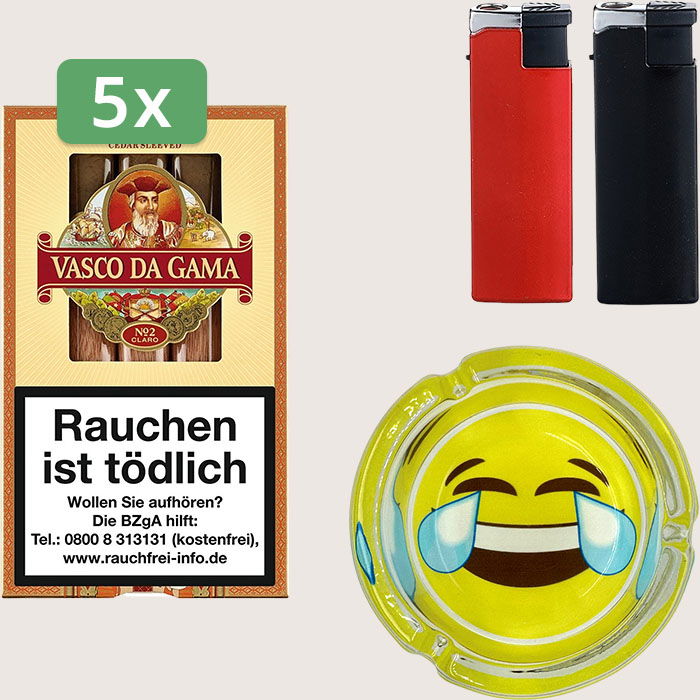 Vasco da Gama No. 2 Claro Sumatra 5 x 6,68 € Sparpaket mit 25 Zigarillos, Aschenbecher und Feuerzeugset