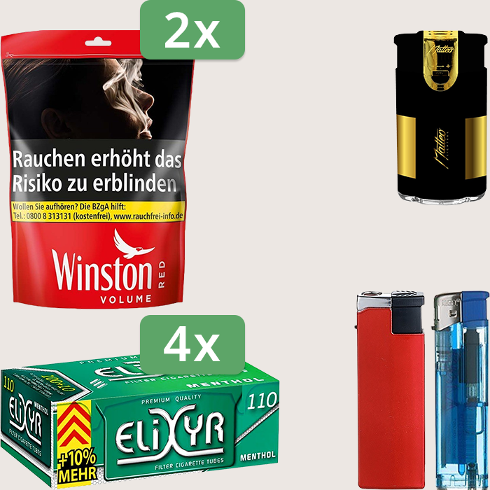 Winston Red 2 x 105 g Sparpaket mit 440 Elixyr Energy+ Menthol Hülsen und Feuerzeugset