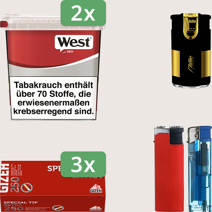 West Red 2 x 170 g Sparpaket mit 750 Gizeh Special Tip Extra Hülsen und Feuerzeugset