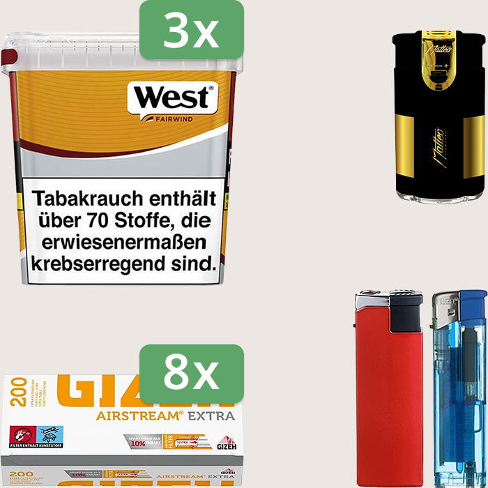 West Yellow 3 x 235 g Sparpaket mit 1.600 Gizeh Airstream Extra Hülsen und Feuerzeugset