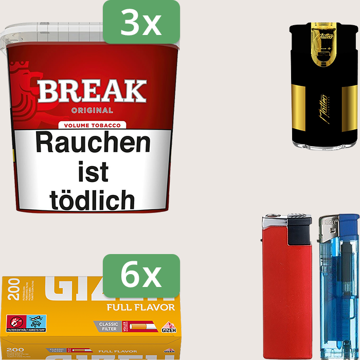 Break Original 3 x 185 g Sparpaket mit 1.200 Gizeh Full Flavor Hülsen und Feuerzeugset