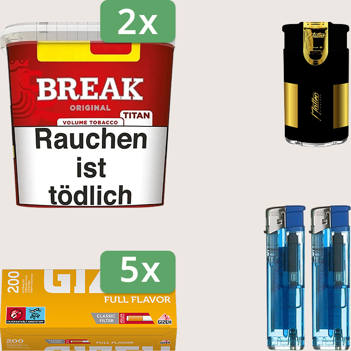 Break Original 2 x 300 g Sparpaket mit 1.000 Gizeh Full Flavor Hülsen und Feuerzeugset