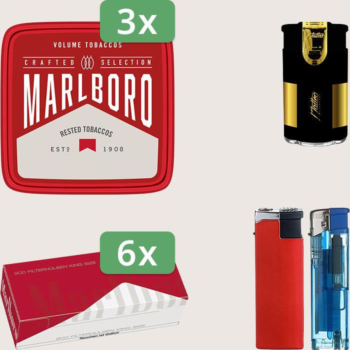 Marlboro Crafted 3 x 230 g Sparpaket mit 1.200 Marlboro Red Hülsen und Feuerzeugset Marlboro Crafted 3 x 230 g Sparpaket mit 1.200 Marlboro Red Hülsen und Feuerzeugset