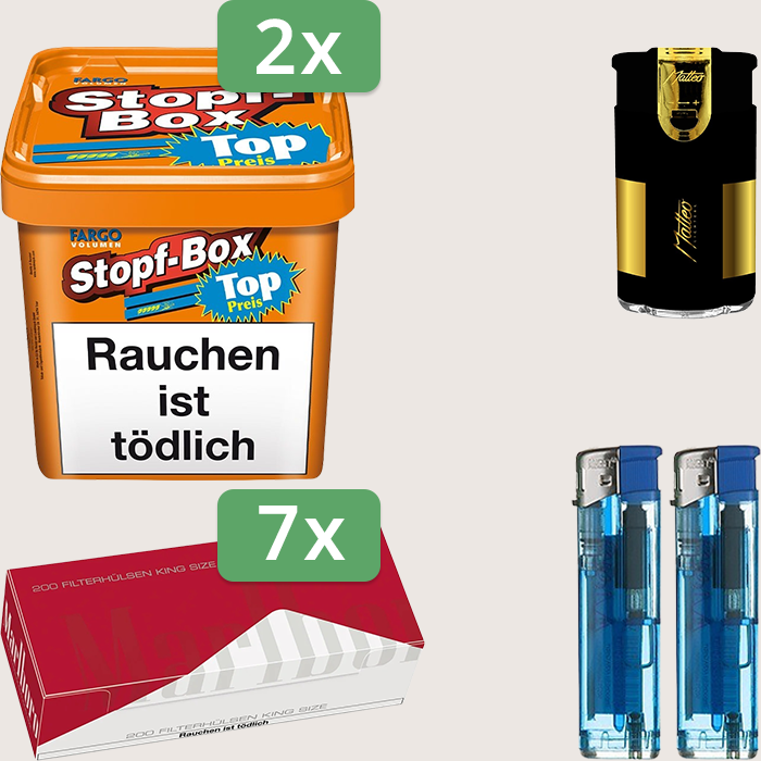 Fargo Stopfbox 2 x 400 g Sparpaket mit 1.400 Marlboro Red Hülsen und Feuerzeugset Fargo Stopfbox 2 x 400 g Sparpaket mit 1.400 Marlboro Red Hülsen und Feuerzeugset