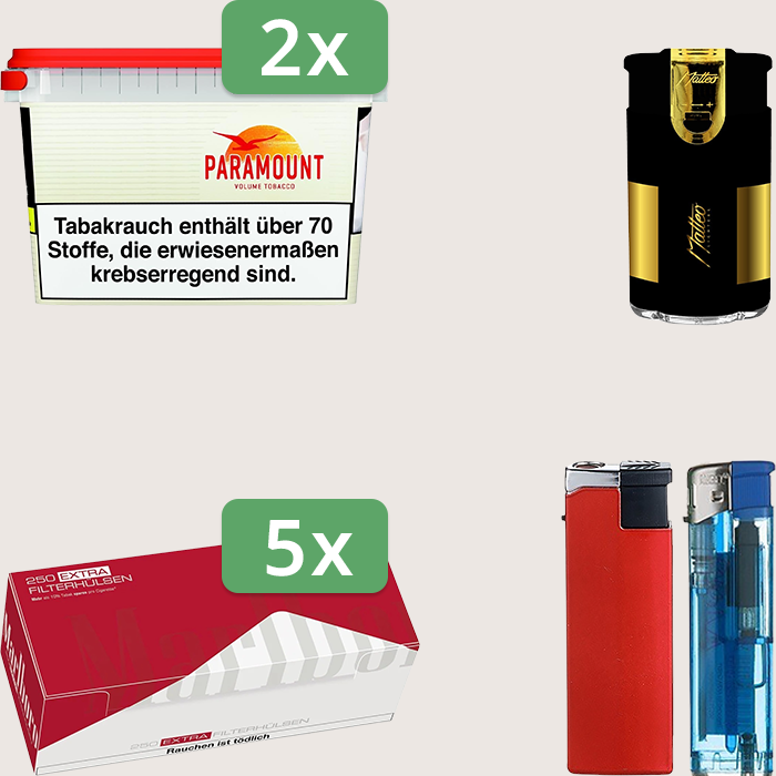 Paramount 2 x 230 g Sparpaket mit 1.250 Marlboro Red Extra Hülsen und Feuerzeugset