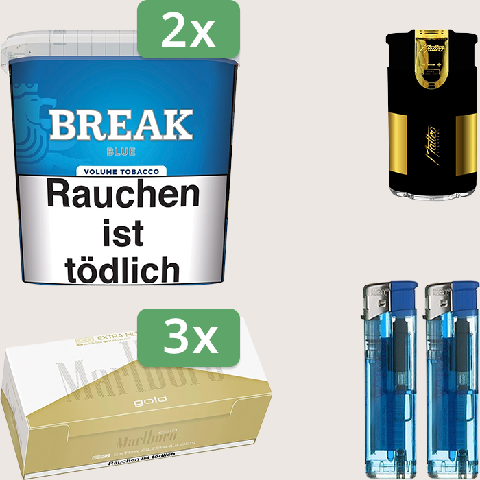 Break Blue 2 x 185 g Sparpaket mit 750 Marlboro Gold Extra Hülsen und Feuerzeugset