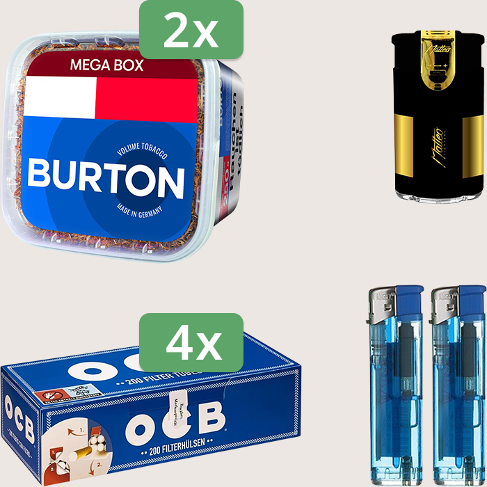 Burton Blue 2 x 250 g Sparpaket mit 800 OCB Hülsen und Feuerzeugset Burton Blue 2 x 250 g Sparpaket mit 800 OCB Hülsen und Feuerzeugset