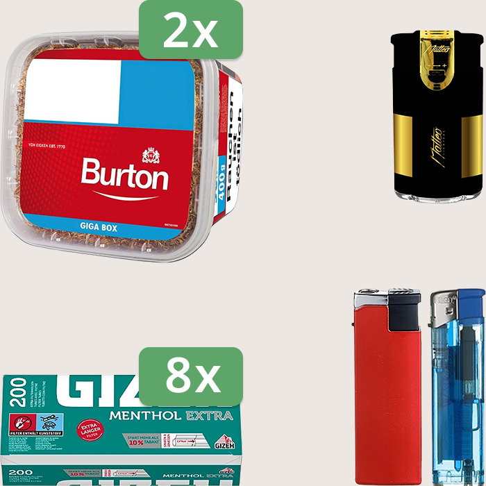 Burton Full Red 2 x 400 g Sparpaket mit 1.600 Gizeh Menthol Extra Hülsen und Feuerzeugset