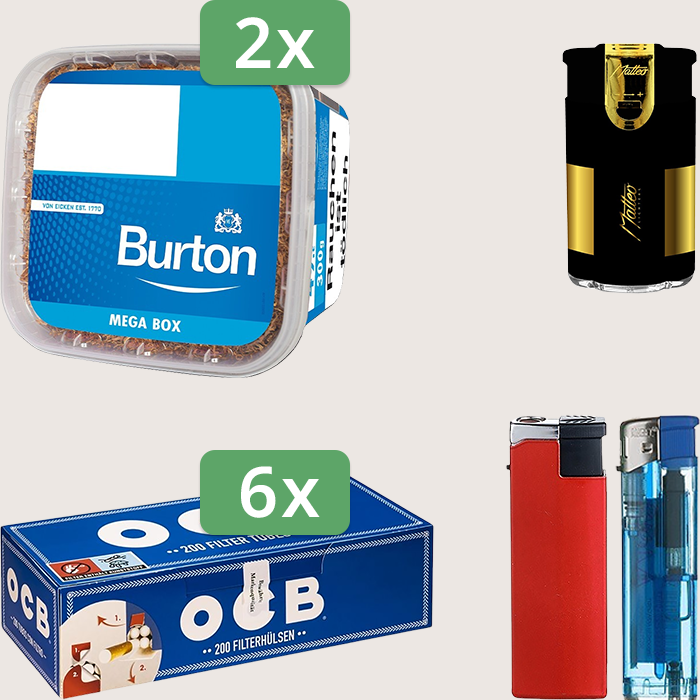 Burton Blue 2 x 270 g Sparpaket mit 1.200 OCB Hülsen und Feuerzeugset