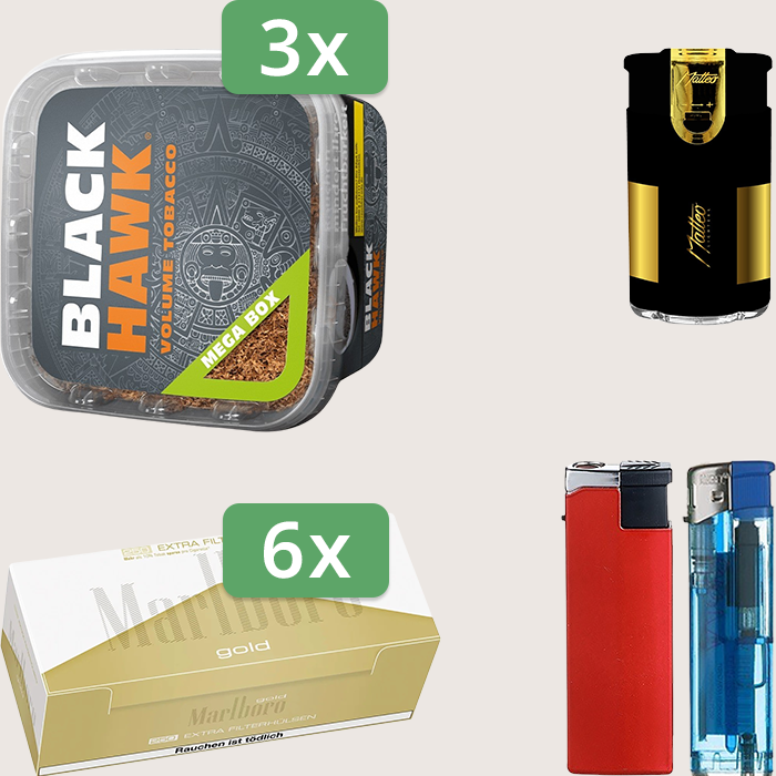 Black Hawk 3 x 230 g mit 1.500 Marlboro Gold Extra Hülsen und Feuerzeugset