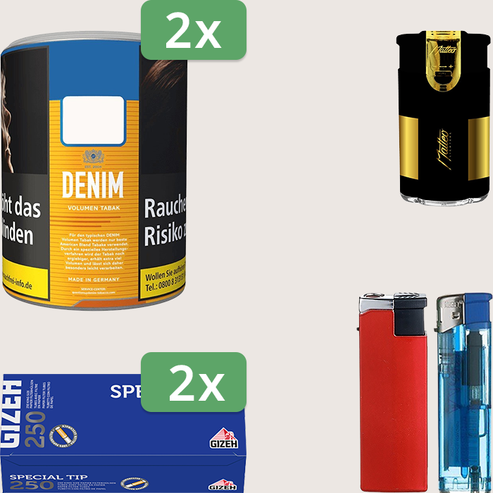 Denim Classic 2 x 65 g Sparpaket mit 500 Gizeh Special Tip Hülsen und Feuerzeugset