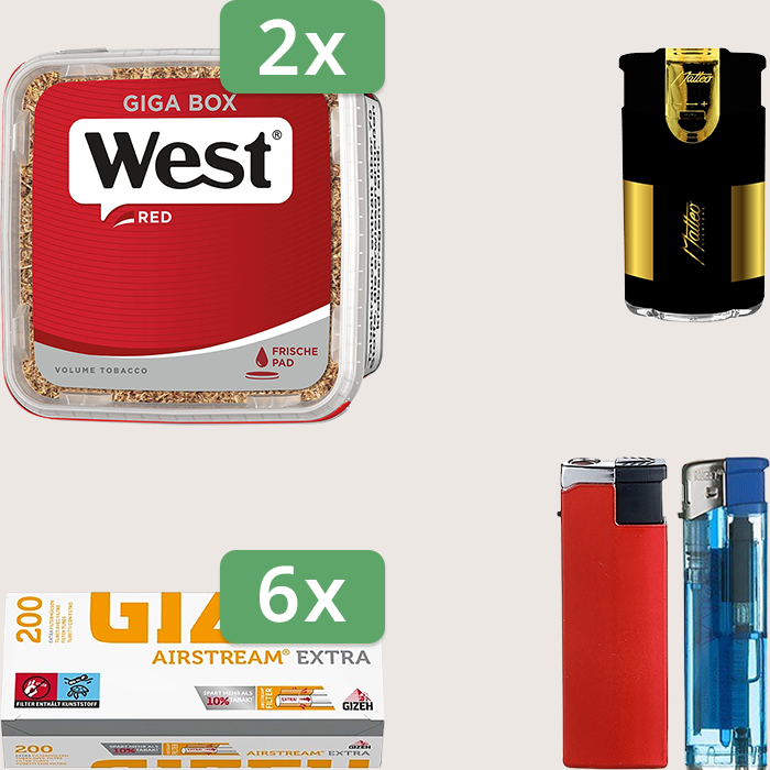 West Red 2 x 280 g Sparpaket mit 1.200 Gizeh Airstream Extra Hülsen und Feuerzeugset