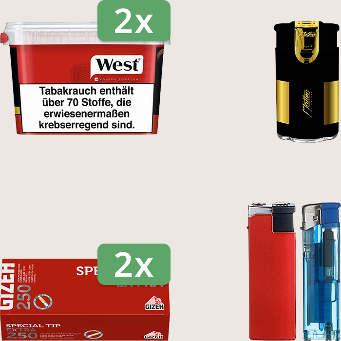 West Red 2 x 115 g Sparpaket mit 500 Gizeh Special Tip Extra Hülsen und Feuerzeugset