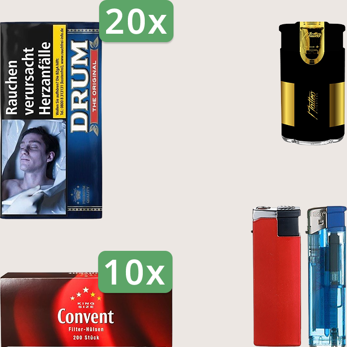 Drum Original 20 x 50 g Sparpaket mit 2.000 Convent Hülsen und Feuerzeugset Drum Original 20 x 50 g Sparpaket mit 2.000 Convent Hülsen und Feuerzeugset