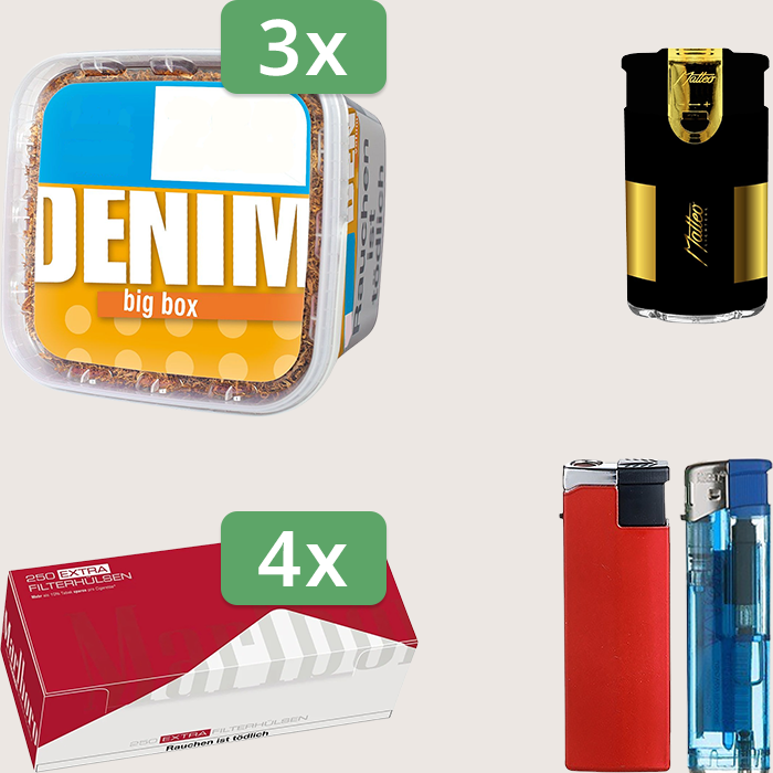 Denim Classic 3 x 160 g mit 1.000 Marlboro Red Extra Hülsen und Elektrofeuerzeug