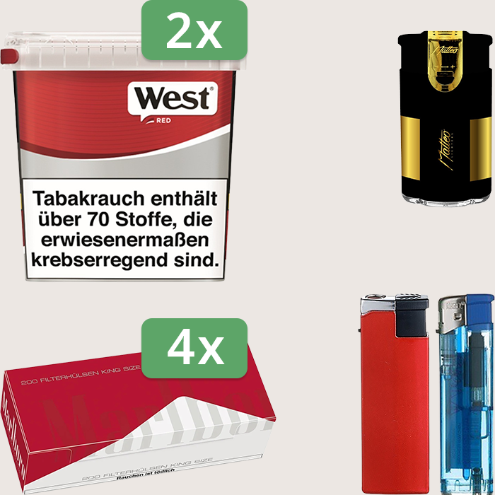 West Red 2 x 170 g Sparpaket mit 800 Marlboro Red Hülsen und Feuerzeugset West Red 2 x 170 g Sparpaket mit 800 Marlboro Red Hülsen und Feuerzeugset