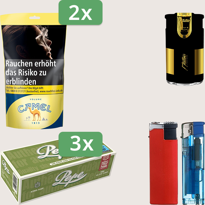 Camel Yellow 2 x 102 g Sparpaket mit 600 Pepe Hülsen und Feuerzeugset
