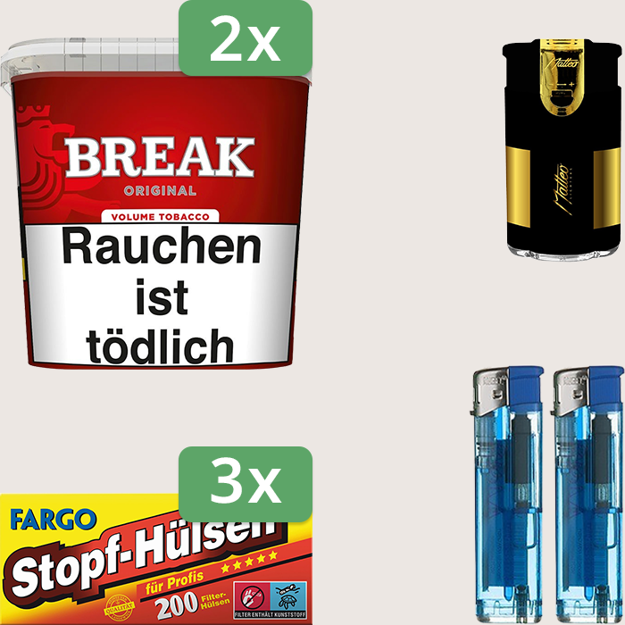 Break Original 2 x 185 g Sparpaket mit 600 Fargo Stopfhülsen und Feuerzeugset