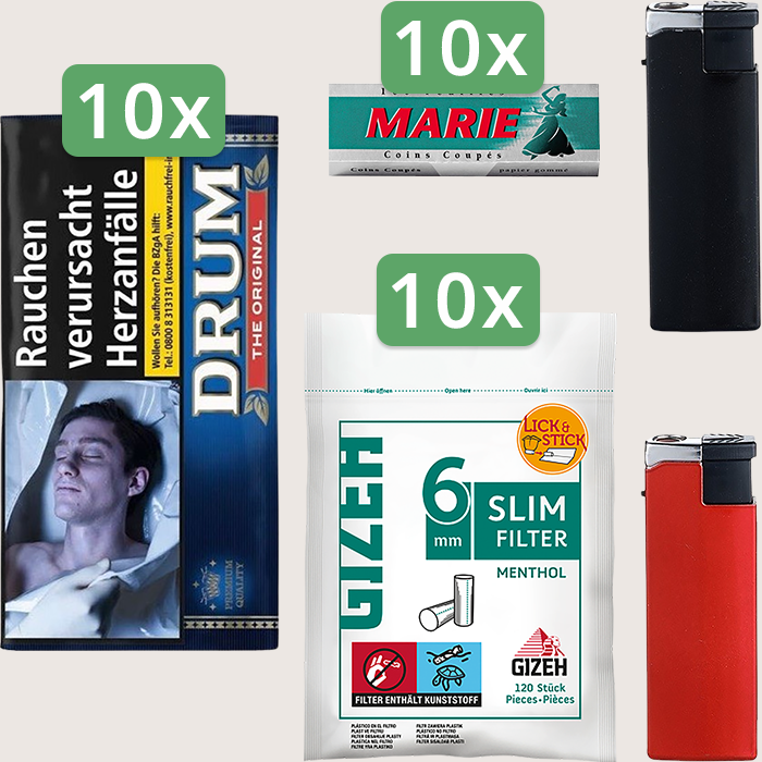 Drum Original 10 x 50 g Sparpaket mit 1.000 Marie Blättchen und 1.200 Gizeh Slim Filter Menthol