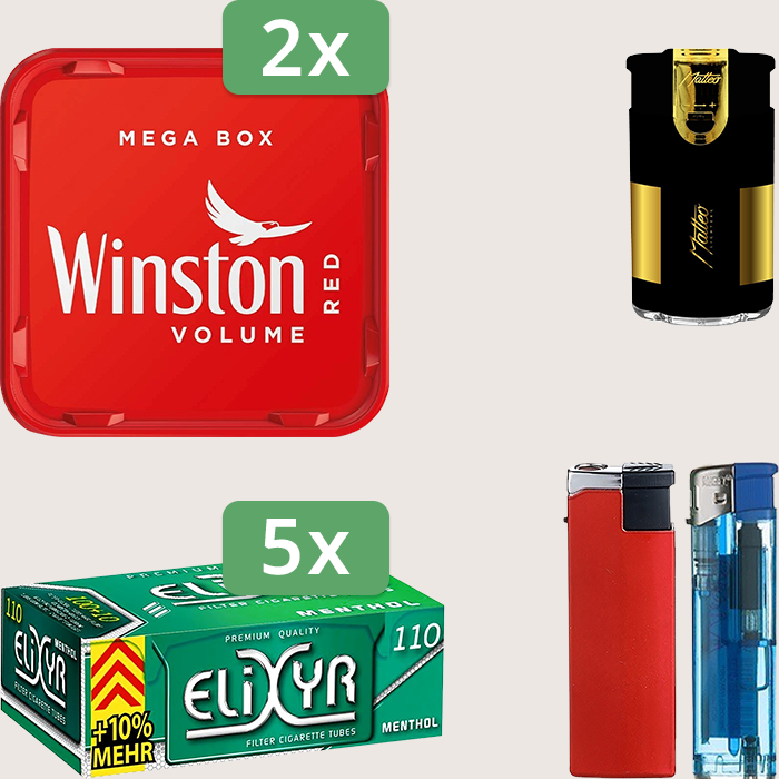 Winston Red 2 x 125 g Sparpaket mit 550 Elixyr Energy + Menthol Hülsen und Feuerzeugset